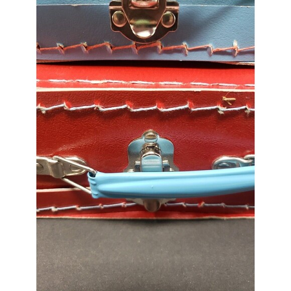 Two European Mini Suitcases for Toys or Doll Clothes Red Blue Metal Handle Clasp - Picture 5 of 16